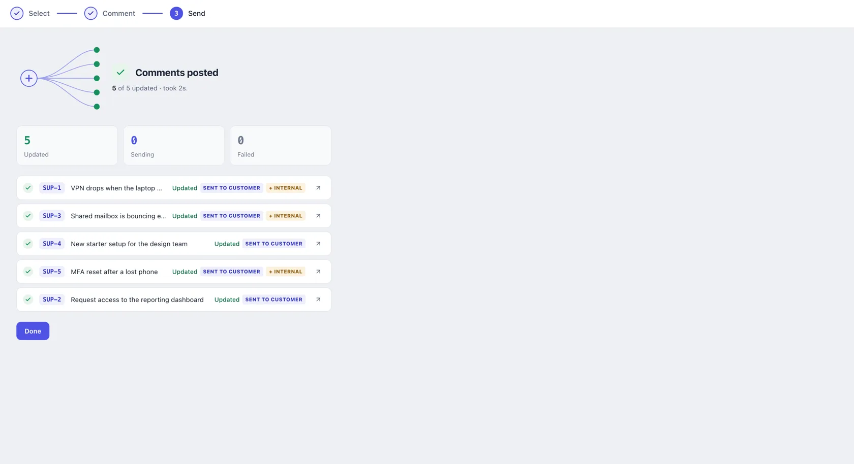 Every comment posted in a single send, each row showing which audience it reached